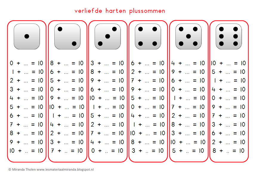 Dobbelsteenrekenen om de sommen van de verliefde harten te oefenen. Link bevat variant met en zonder antwoorden.  

lesmateriaalmiranda.blogspot.com/2019/08/dobbel…