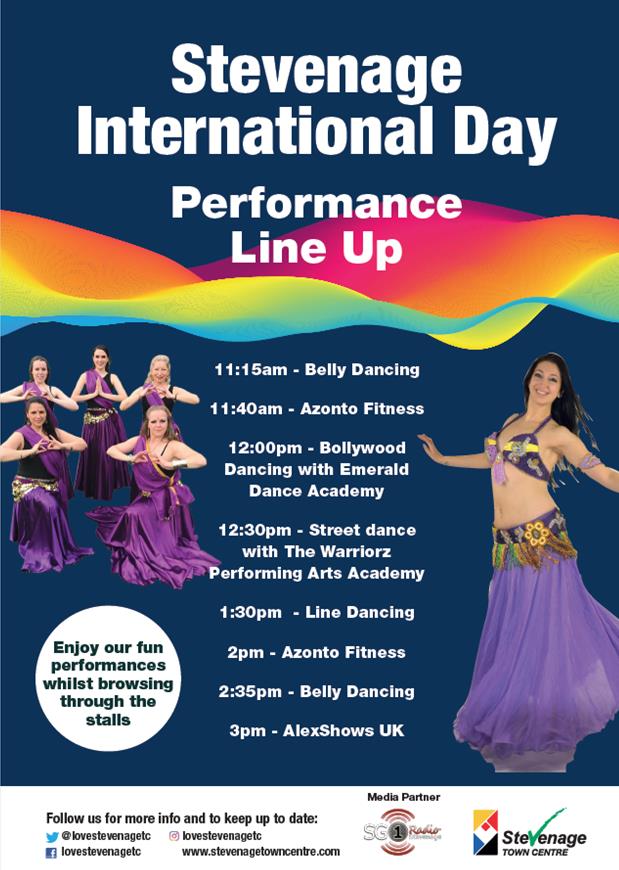 lovestevenagetc's tweet photo. The line up is out for #Stevenage International Day. Come along to watch some great #performers and visit a variety of stalls 

#Free parking also available on the day (17 August) at St George's Multi-storey car park #lovestevenagetc 

@warriorzpaa
@kwakstified
@Emerald_Dance1 https://t.co/Xb66wF2oMF