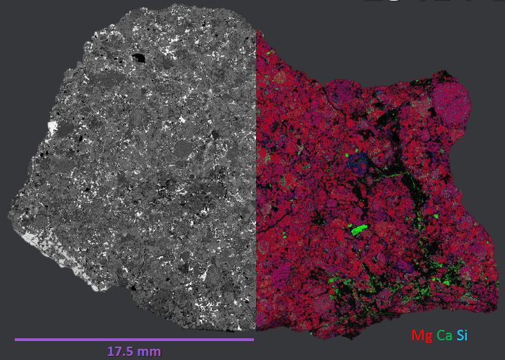 SpaceRocksAust's tweet photo. @PlymUni @RoyalAstroSoc @EMC_PlymUni @EarthSciPlymUni @NatStephen @OxInst @JEOLEUROPE @MonashEAE ...combined elements/colours reveal different textures or #minerals within the samples, which help us describe them. 

We need these detailed #geological descriptions to be able to officially name and classify them as new #meteorites. 

This chondrite was found back in 2014! https://t.co/8O6ElZ30YH