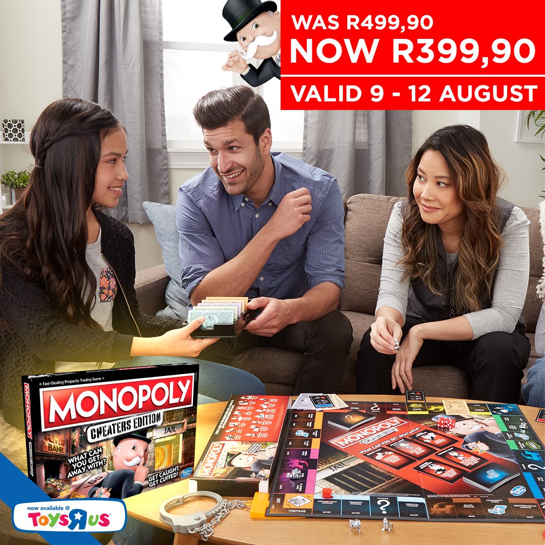 ToysRUs_ZA's tweet photo. For the first time ever, cheating isnโt optional. It comes standard. Follow, bend, or break the rules to win!
#MonopolyCheatersEdition: Was R499.90, Now R399.90 (Save R100) between 9-12 August.
Shop in-store or online now: https://t.co/82AGqtm3Yi https://t.co/Oc4I9lXo8B