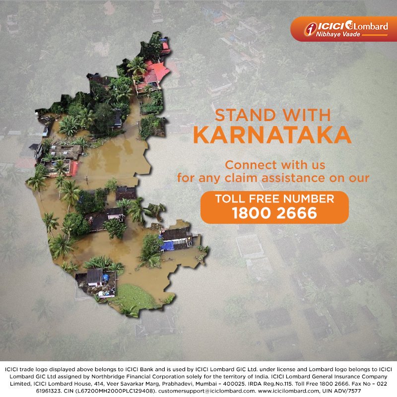 ICICILombard's tweet photo. While the situation is sensitive, one assurance remains constant, we're here for you. Kindly get in touch via the toll-free number provided. #NibhayeVaade #KarnatakaFloods https://t.co/oFzybp4ibc