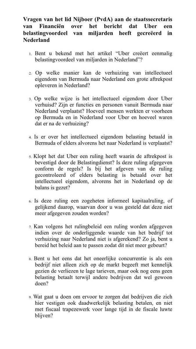 Schriftelijke vragen nav belastingruling Uber 👇🏻