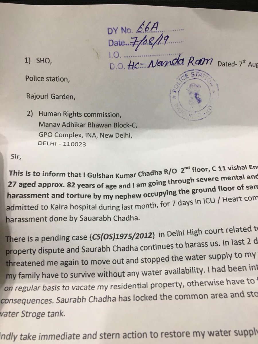 Tinin34076925's tweet photo. Respected @amitshah jee need your help as my 82 year old father is being harassed by property mafia in Delhi. water supply and sewerage connection has been blocked to mentally torture old man. Several complains but NO action by police cc @DCPWestDelhi @CPDelhi https://t.co/uMP07r4isl