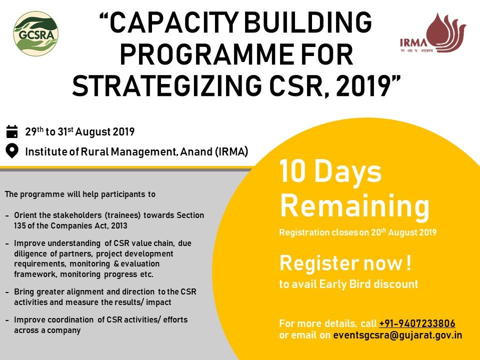 gcsra's tweet photo. For all CSR and Corporate Affairs heads, managers and officers...

REGISTER NOW to avail early bird discount. Registration closes on 20th August 2019

Capacity Building Programme for Strategizing CSR on 29th-31st August 2019 at IRMA Campus
#CSR #GCSRA https://t.co/W3zHeQU5wi