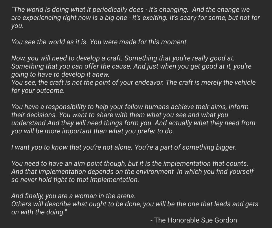 drake_carrie's tweet photo. The Honorable Sue Gordon shared these words at #GEOINT2019. While they were intended for her new grandchild, they truly inspired me as well. Thank you to one of the most #amazingwomenoftheIC. https://t.co/5ksKwMiqQj