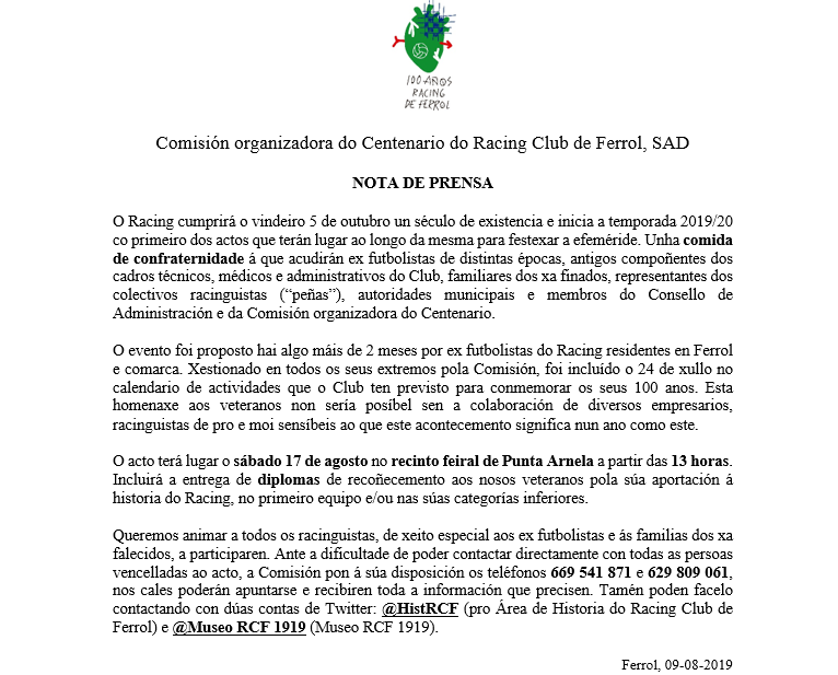 HistRCF's tweet photo. 💯Nota oficial da Comisión do Centenario do Racing Club de Ferrol en relación co evento previsto para o 17 de agosto: https://t.co/Iuc0J5OFkP