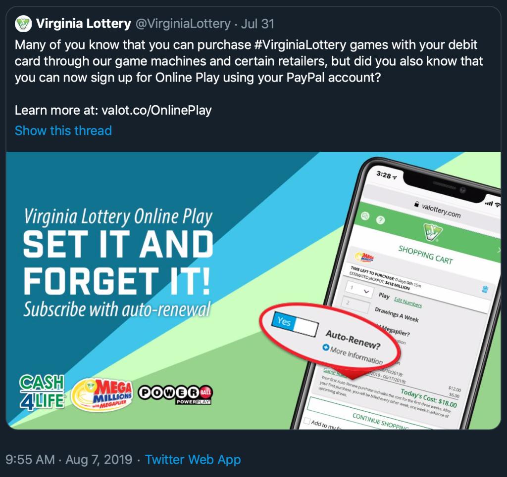 BEH_FYI's tweet photo. Behavioral Economics in Action: Virginia Lottery Ticket Auto-Renewal https://t.co/HdweIV5I0a https://t.co/GZnWuiTgyP