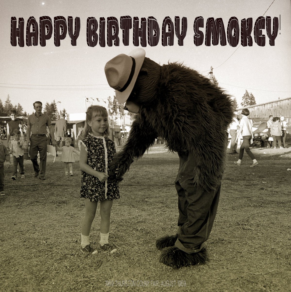WAStateArchives's tweet image. Happy 75th Birthday Smokey! 
You were a spry bear of 25 in 1969 at the #Thurston County fair. #SmokeyBear75