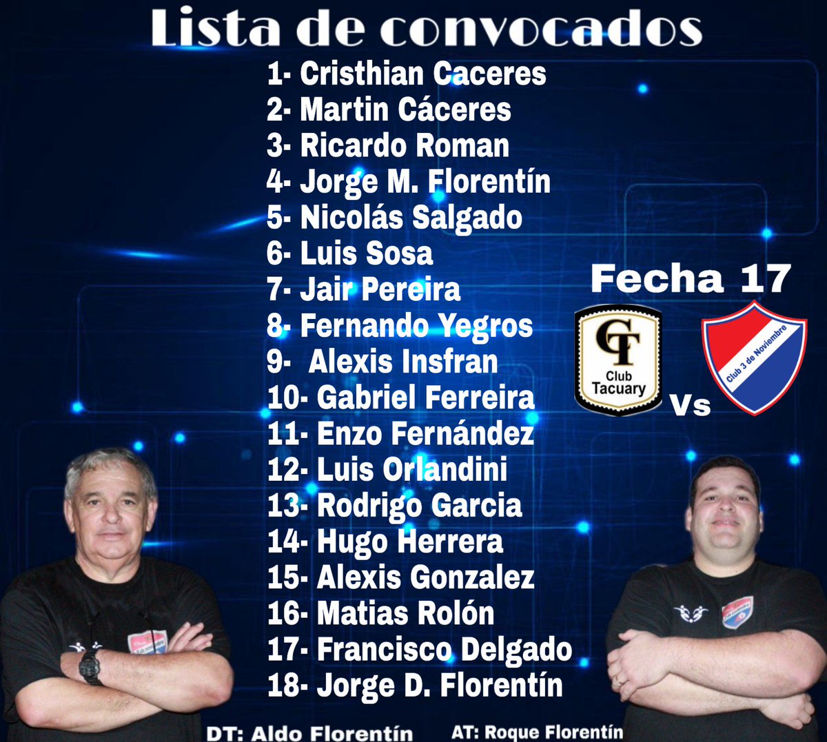 El Prof. Aldo Florentín junto con su cuerpo técnico dio a conocer la lista de convocados para el encuentro ante <a href="/TacuaryOficial/">Tacuary FBC - Prensa</a> por la décimo séptima fecha del campeonato Primera B.
#VamosTrico 🔴⚪🔵