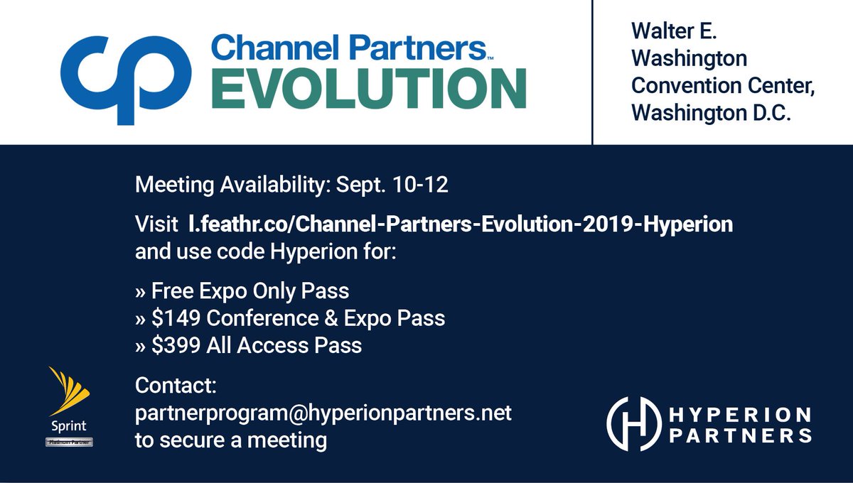 Hyperion_Prt's tweet photo. Want to talk about how you can partner with Hyperion Partners? Message or email us to set up a meeting at Channel Partners Evolution to talk about our wireless solutions!
#hyperionpartners #hyperionpartnersLLC #Sprint #telecommunication #channelpartnersevolution #WashingtonDC https://t.co/FpPojaw9aR