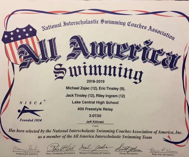 lcswimming_'s tweet photo. A huge Congratulations to Riley Ingram (12), Eric Tinsley (9), Jack Tinsley (12), &amp; Mikey Zajac (12) on being named 2019 All Americans in the 400 yard freestyle relay! These Indians had the 100th fastest time in the US and 6th fastest in IN! Roll Tribe💙🤩 @LCIndians @LCHSnews https://t.co/GC4P61aIvg