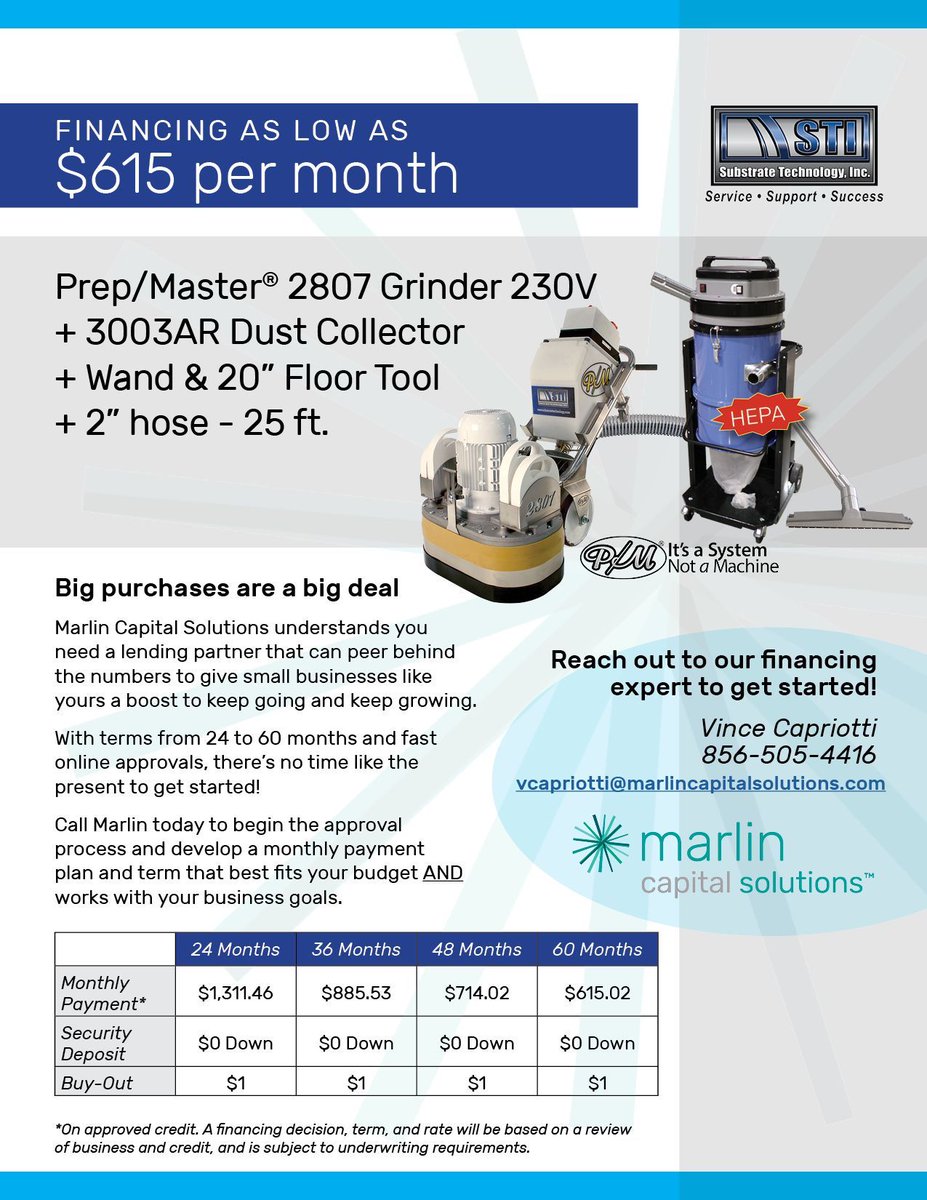 Monthly payments thru @MarlinSolutions as low as $615/mo — 2807 grinder, AR vac, and wand — What a deal!!