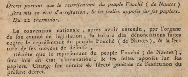 1792_1815's tweet photo. 9 août 1795 Après une séance houleuse, la #Convention, sur proposition de #Boissy d’#Anglas, décrète la mise en arrestation de Joseph #Fouché. Le « Mitrailleur de #Lyon » ne sera jamais arrêté et deviendra ministre de la Police et duc d’Otrante sous le #Consulat et l’#Empire. https://t.co/1PUMLQzimJ