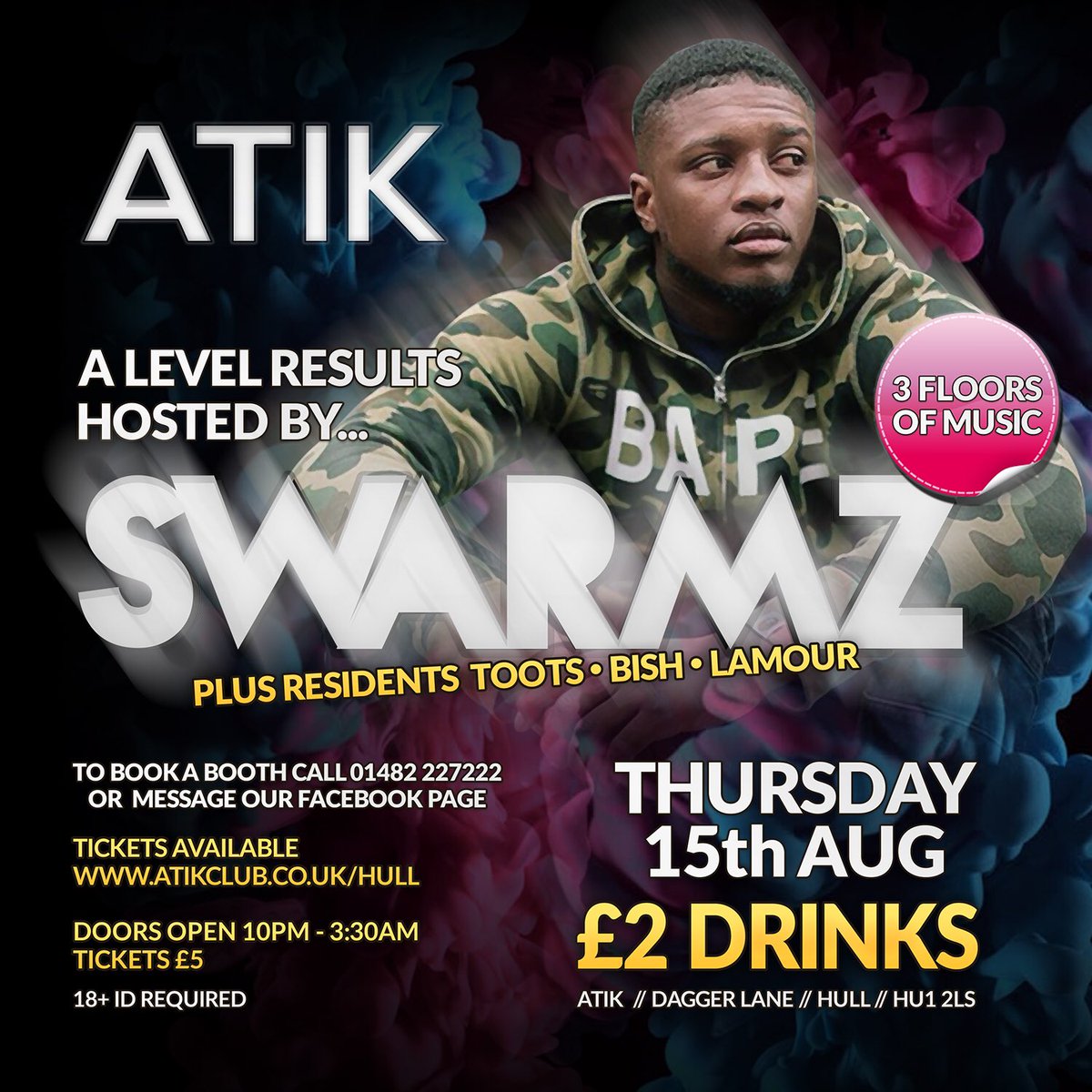 A level results special with <a href="/Swarmz__/">Swarmz</a> 💃
Doors open 10pm ✅
£3 entry ✅
Drinks from £2 ✅
Three floors of music ✅🥳