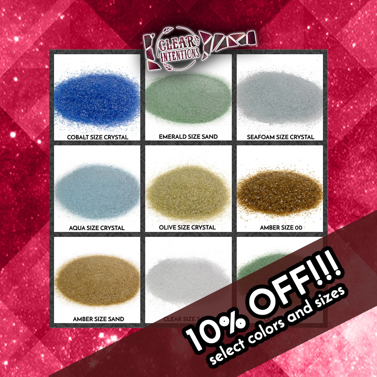 RecyclingGlass's tweet photo. Limited time only - 10% off 1-lb bags in the following #GalaxyGlass sizes!!! Shop an Etsy now - https://t.co/wnvwLiUXNx

Cobalt Crystal
Emerald Sand
Seafoam Crystal
Aqua Crystal
Olive Crystal
Amber #00
Amber Sand
Clear Sand https://t.co/JGlcFtPJ2D
