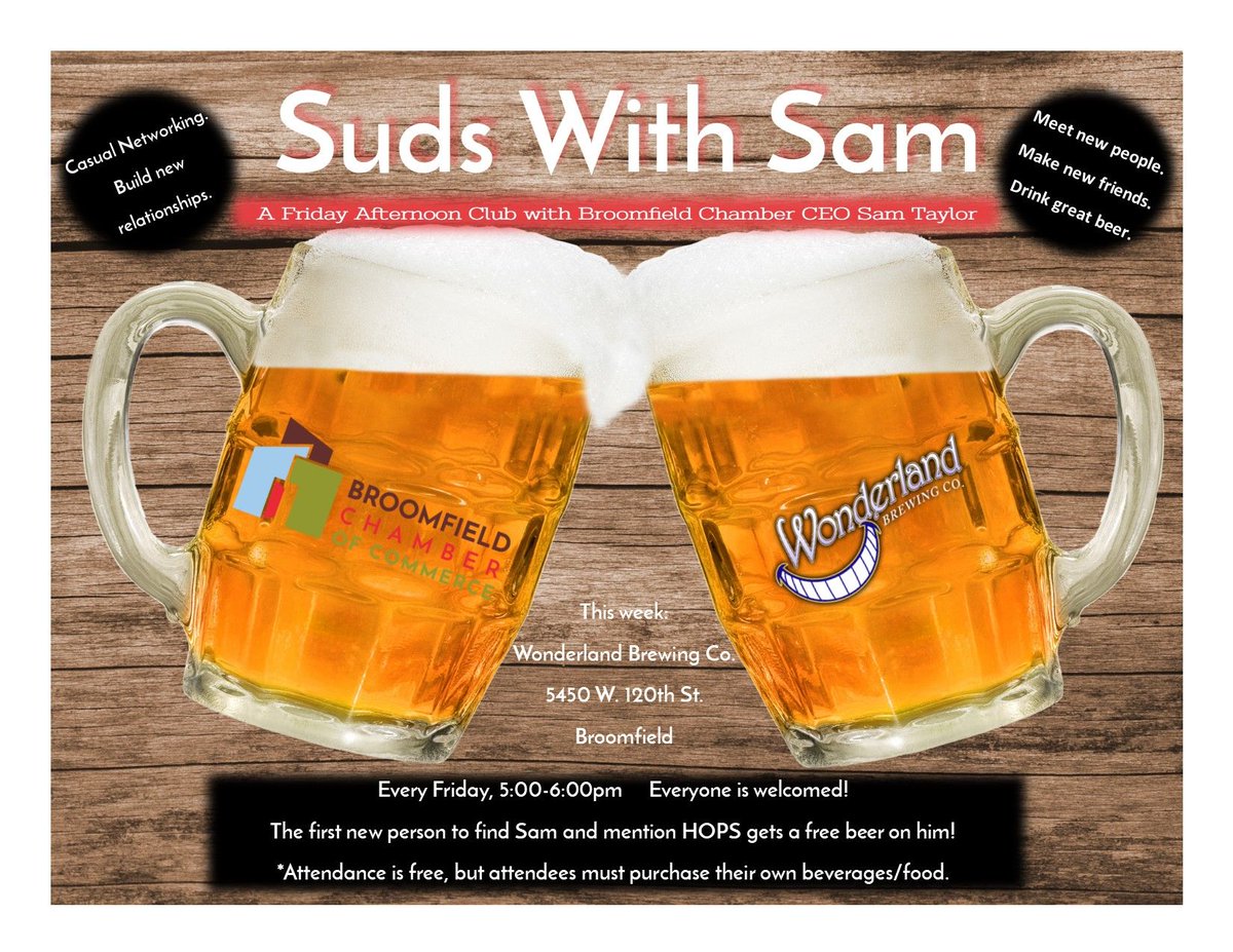 <a href="/WonderlandBeers/">Wonderland Brewing</a> has ping pong, pickle-ball, great beer, and tonight's #SudsWithSam FAC/Happy Hour! Join us from 5-6pm for great refreshments and casual networking. Open to all-be the first to tell Sam the secret word (in the pic), &amp; get your first beer on him! #BroomfieldChamber