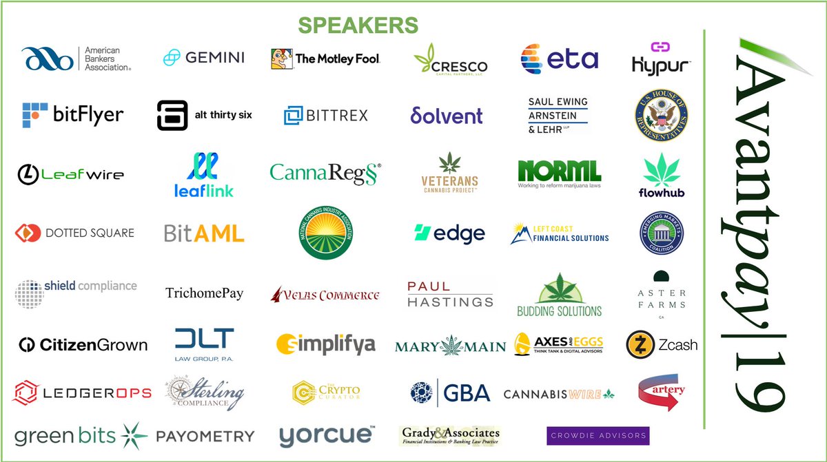 _TheMrsFields_'s tweet photo. What a lineup!!! What an event!! Join these industry leaders at Avantpay|19 to address the #banking &amp; #payments challenges in the #cannabis &amp; #crypto space. Tickets are only $375 and you can earn up to 3 CAMS credits! Sep 30 - Oct 1 in Washington DC. https://t.co/9TuIHSySfD https://t.co/EGYK7sZ9hH