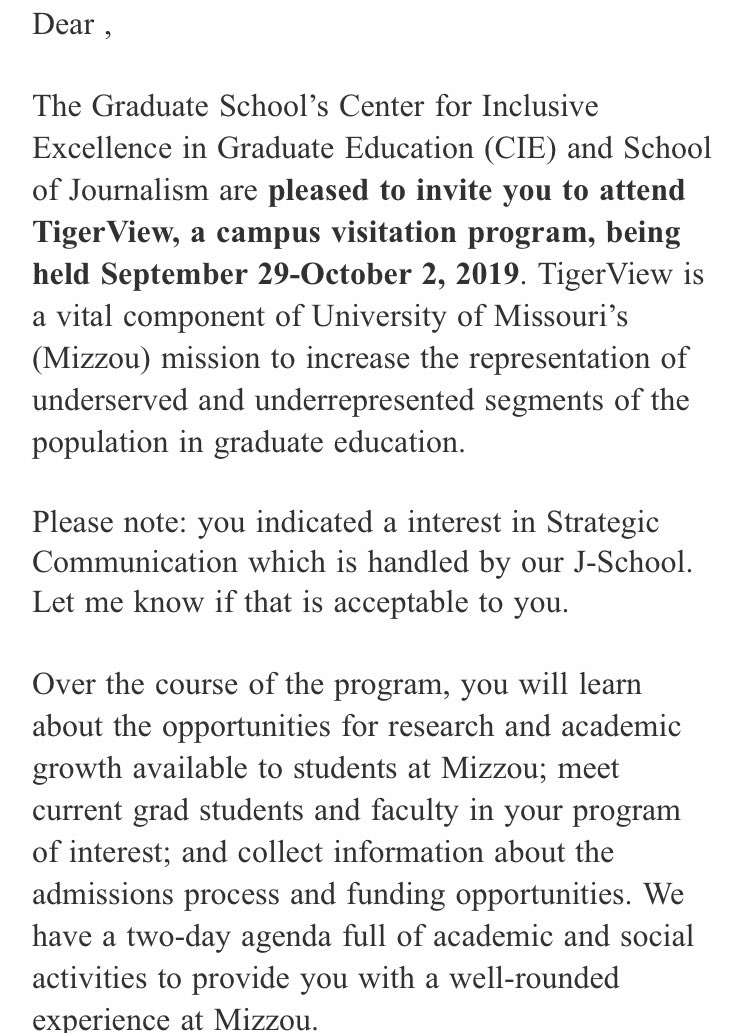 mskingspage's tweet photo. I have been accepted into
@Mizzou 🐯 Tigerview Program. The TigerView program is an initiative of MU Graduate School to promote diversity and inclusion in graduate education. I can’t wait to start my new journey into graduate school! This is only the beginning!! #XUexcellence https://t.co/JlPb3lTtVv