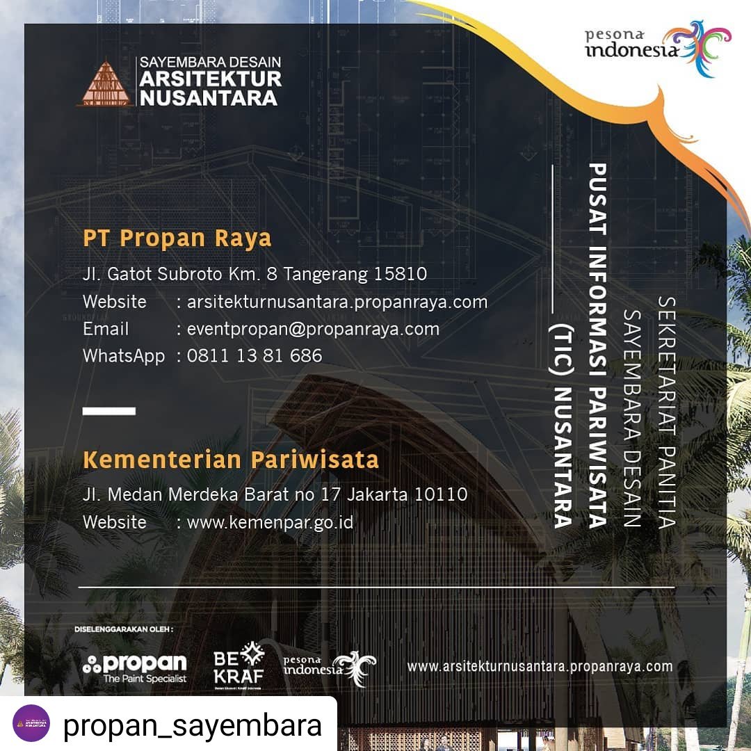 DjatiGraha's tweet photo. SAYEMBARA DESIGN

Halo, Sayembara Arsitektur Nusantara 2019 dengan tema Pusat Informasi Pariwisata (Tourism Information Center).
Dengan total hadiah Rp 1,1 MILIAR
Utk info lebih lanjut, mohon kunjungi:
🌍 https://t.co/MFcfu7hnaS
📧 eventpropan@propanraya.com
📱WA - 0811 13 81 686 https://t.co/oIahaiMCUK