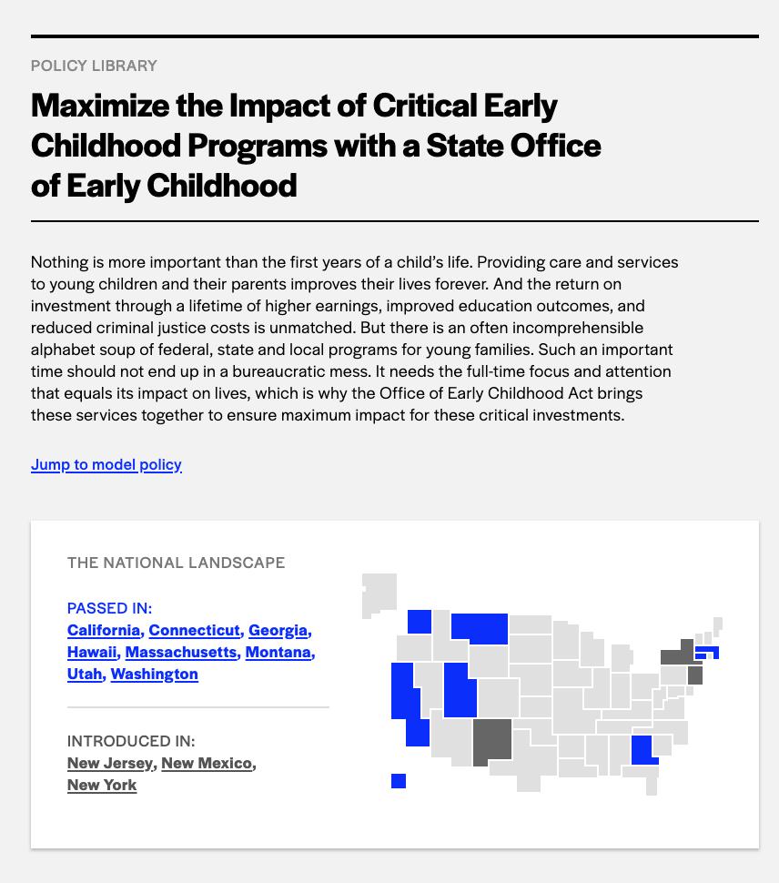 Future Now's model bill to Maximize the Impact of Critical Early Childhood Programs with a State Office of Early Childhood