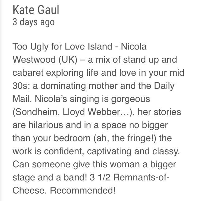 21CenturyActors's tweet photo. “Can someone please give this woman a bigger stage and a band” Amazing first review of @NicolaWestwood’s cabaret show #TooUglyForLoveIsland, if you’re at the fringe book quick! #fringepicks #pickofthefringe #fringerecommends https://t.co/QAm4jAlMwW