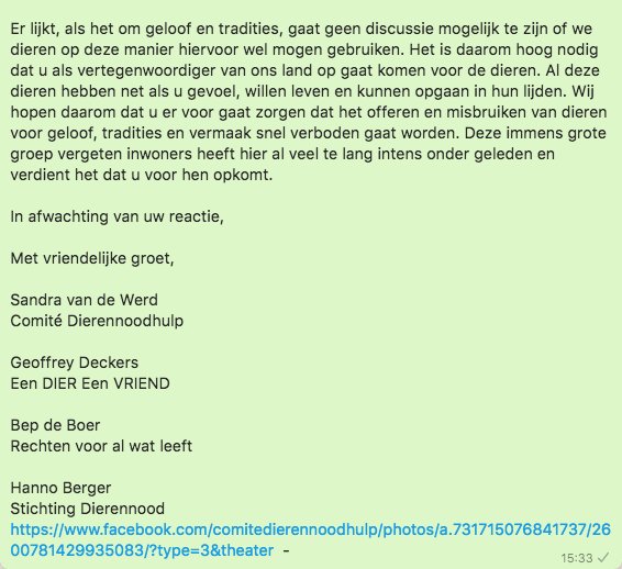 DierisVriend's tweet photo. Comite Dierennoodhulp
OPEN BRIEF AAN MINISTER PRESIDENT MARK RUTTE: VERBOD OP #OFFEREN VAN #DIEREN
11-8 begint voor moslims offerfeest >in ons land weer duizenden schapen, geiten als offerdier #onverdoofd geslacht
Verzoek toevoeging in art6 https://t.co/BIAFyR4jum @ComiteDNH https://t.co/DnPQsWY05D