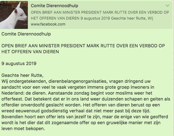 DierisVriend's tweet photo. Comite Dierennoodhulp
OPEN BRIEF AAN MINISTER PRESIDENT MARK RUTTE: VERBOD OP #OFFEREN VAN #DIEREN
11-8 begint voor moslims offerfeest >in ons land weer duizenden schapen, geiten als offerdier #onverdoofd geslacht
Verzoek toevoeging in art6 https://t.co/BIAFyR4jum @ComiteDNH https://t.co/DnPQsWY05D