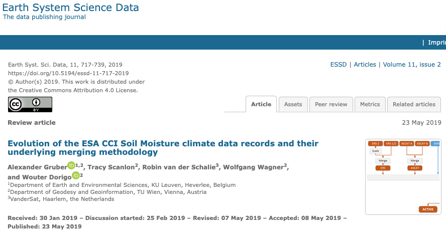 Gruber, A et al (2019) Evolution of the ESA CCI Soil Moisture climate data records and their underlying merging methodology
