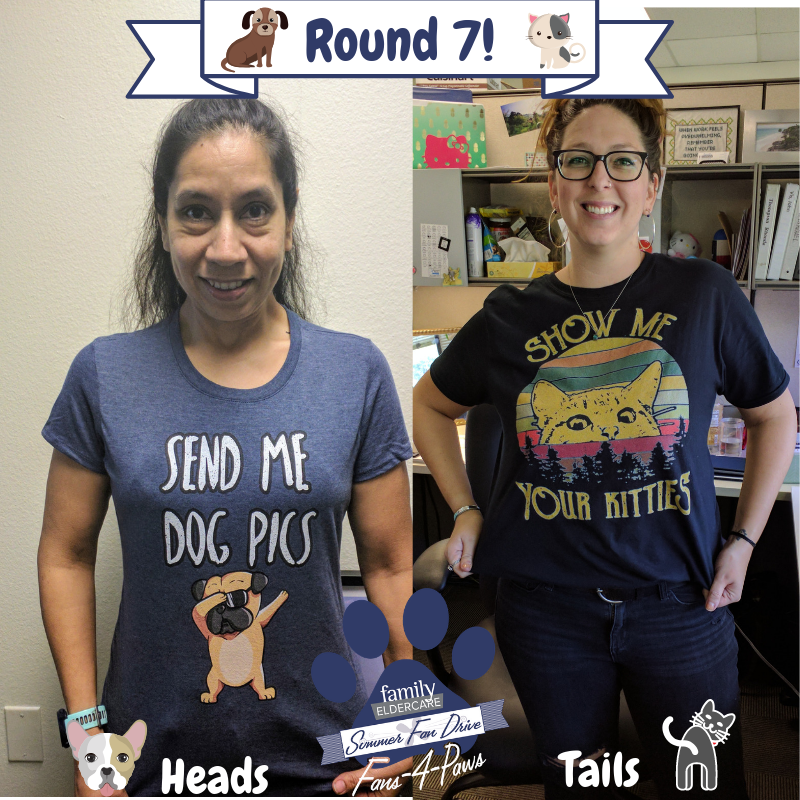 familyeldercare's tweet photo. ROUND 7! We're 1 WEEK away from #Fans4Paws, and everyone is bringing their A game for the final stretch! We'll keep the rounds coming every couple days until 8/14 and we're counting on YOU to help choose the winners. Who wore it best? Heads or Tails? (Please Comment Below) https://t.co/QOqHMPxDQO