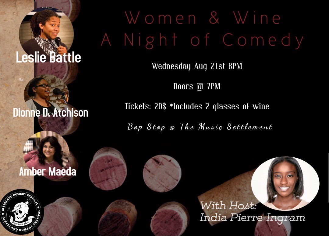 CLEcomedyfest's tweet photo. Another show in the Women & Wine series takes place August 21st at BOP STOP at The Music Settlement @BopStopTMS!
Tickets are $20, include two glasses of wine and are available now:
https://t.co/PHbTp0mB59
#womenofcomedy #clecomedy #wine #comedy #cleveland #thisiscle #womenofcle https://t.co/PJc2TgaGJt