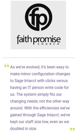 SageIntacct's tweet photo. Tennessee-based Faith Promise Church, offering weekly services for nearly 7,500 people on six campuses, saved $85,000 in staffing costs by switching to Sage Intacct cloud financials.  https://t.co/5P7GxBOZOo https://t.co/M4Mc3aN7uf