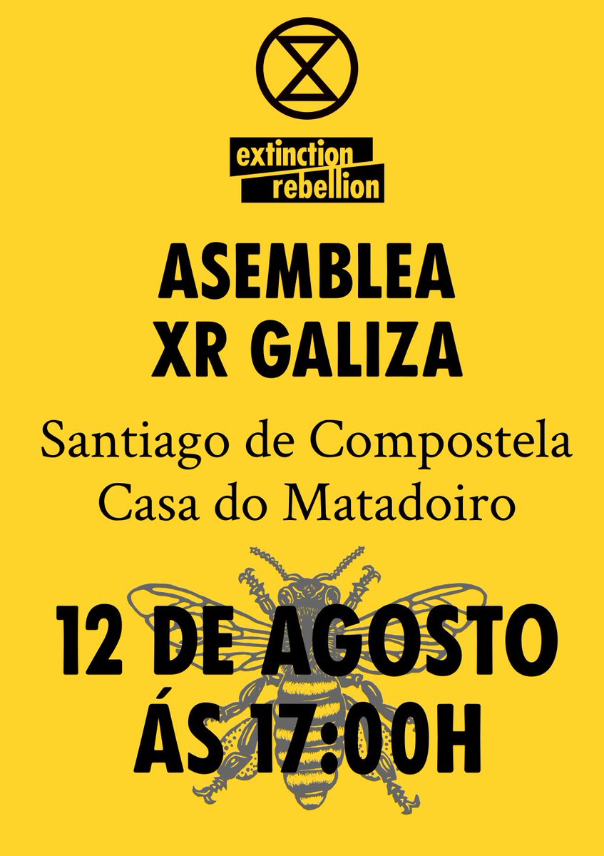 Todo a punto para a asemblea de ⁦<a href="/XRGaliza/">XRGaliza</a>⁩ o próximo luns 12 de agosto en Compostela, que será un encontro aberto a tod@s aquel@s rebeldes do pais interesad@s en coñecer #ExtinctionRebellion, os nosos principios e obxectivos , e a nosa rebeldía fronte o #CambioClimatico