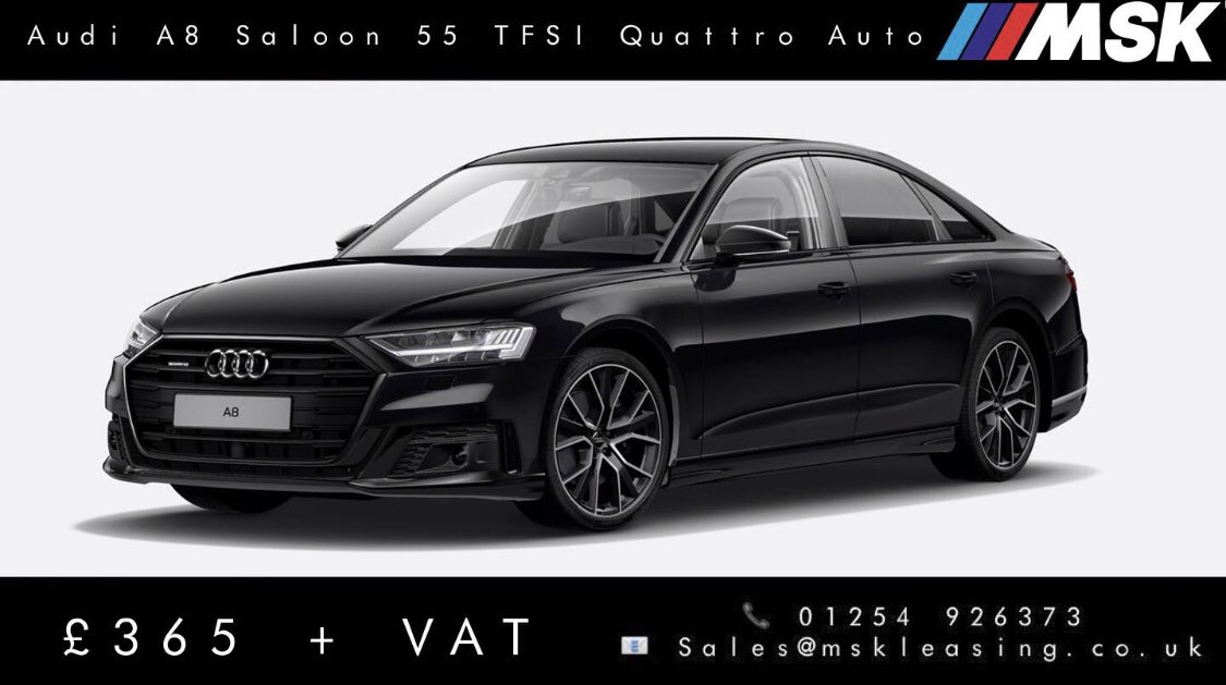MskLeasing's tweet photo. Audi A8 Saloon 55 TFSI Quattro Auto
Only one available
£365 + VAT
2 year deal
9 months upfront
10k miles per annum
#mskleasing #leasedeals #carleaseuk #leasespecials #carleasedeals #carleasegenie #comtracthire #london #Manchester #Liverpool #Audi #A8 #55TFSI #Quattro #Auto https://t.co/IQzLHTlC7p
