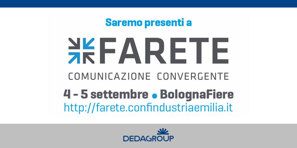 DEDAGROUP_ICT's tweet photo. Il 4 e 5 settembre saremo a FARETE (BolognaFiere) con Dedagroup Business Technology &amp; Data, Dedagroup Business Solutions e Dedagroup Wiz. I nostri esperti saranno a tua disposizione per parlare del percorso di trasformazione digitale della tua azienda. https://t.co/0PntC9lKiS https://t.co/lEHYmaBERl