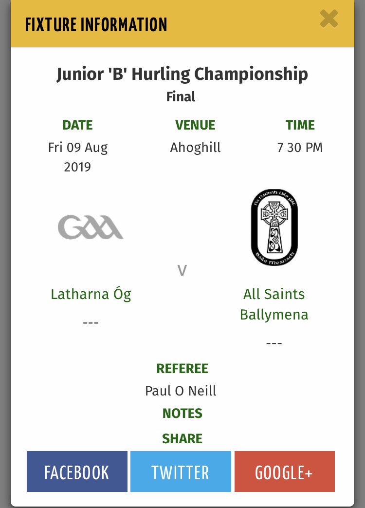 Don’t forget <a href="/latharnaog/">Latharna Og GAC</a> v <a href="/AllSaintsGAC/">All Saints GAC</a> tonight in the Junior B final 

7.30pm at <a href="/AhoghillGAA/">St. Mary's Ahoghill</a> #ChampionshipMatters