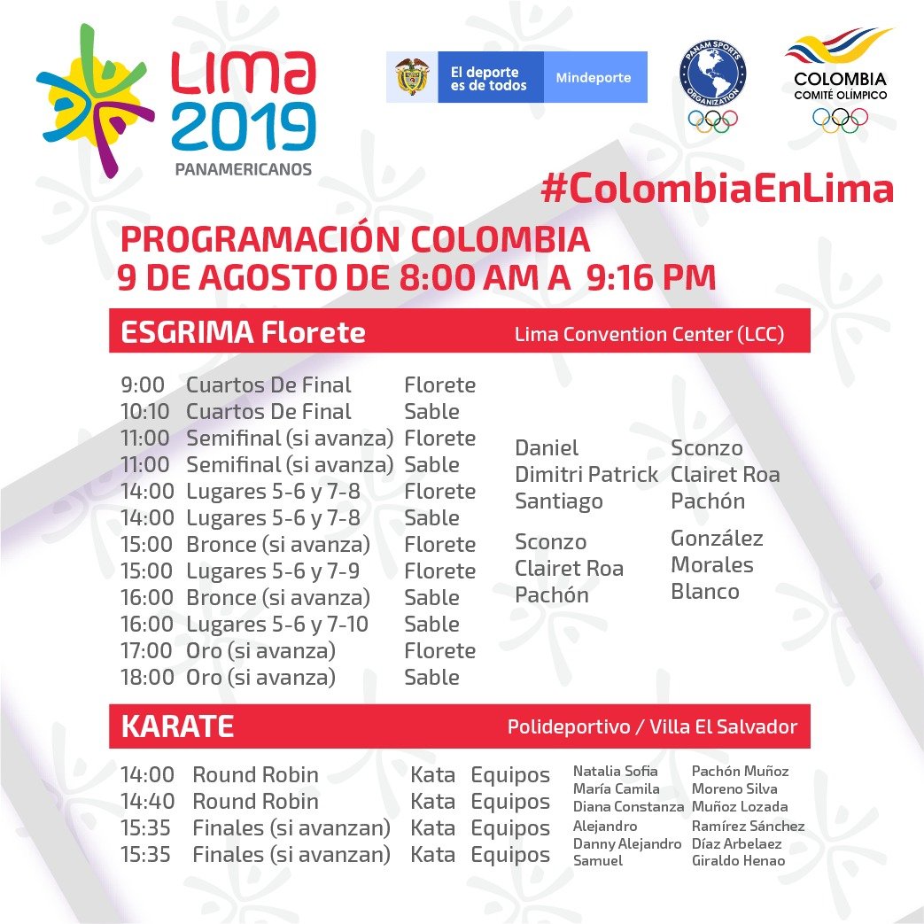 OlimpicoCol's tweet photo. Programación 09 agosto #Lima2019.

Los atletas competirán en las disciplinas: Ciclismo BMX, ecuestre, karate, atletismo, judo, lucha libre, baloncesto, voleibol, natación, golf, ráquetbol, esgrima en sable y florete, arquería, patinaje, fútbol y tenis de mesa.

¡Ánimo!🇨🇴🙌 https://t.co/nkwGOKp531