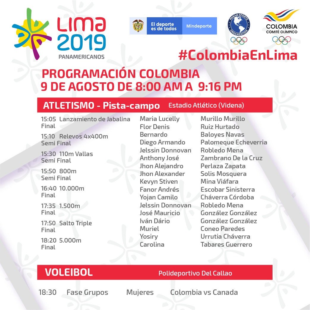 OlimpicoCol's tweet photo. Programación 09 agosto #Lima2019.

Los atletas competirán en las disciplinas: Ciclismo BMX, ecuestre, karate, atletismo, judo, lucha libre, baloncesto, voleibol, natación, golf, ráquetbol, esgrima en sable y florete, arquería, patinaje, fútbol y tenis de mesa.

¡Ánimo!🇨🇴🙌 https://t.co/nkwGOKp531