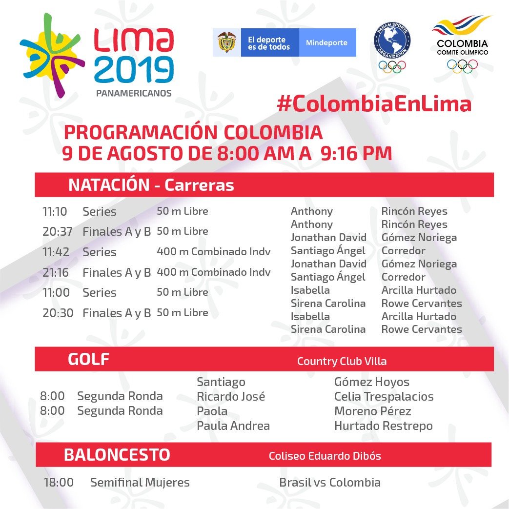 OlimpicoCol's tweet photo. Programación 09 agosto #Lima2019.

Los atletas competirán en las disciplinas: Ciclismo BMX, ecuestre, karate, atletismo, judo, lucha libre, baloncesto, voleibol, natación, golf, ráquetbol, esgrima en sable y florete, arquería, patinaje, fútbol y tenis de mesa.

¡Ánimo!🇨🇴🙌 https://t.co/nkwGOKp531