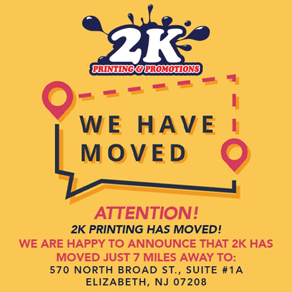 2K_Printing's tweet image. ATTENTION! 2K PRINTING HAS MOVED!

2K Printing &amp;amp; Promotions has officially moved! Only 7 miles from our old location, we are happy to announce that we are now located at:

570 North Broad St. (Suite 1A)
Elizabeth, NJ 07208

2K Printing &amp;amp; Promotions - #customizeanything