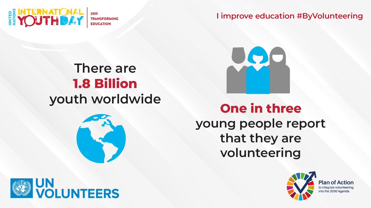Activist_12's tweet photo. Do you know that 1.8 billion worldwide 🌏 are youth, &amp; 1/3 report they're volunteering 👏? 
Young volunteers take major roles in their communities. They develop solutions to local problems, also in #education.
How do you reduce illiteracy #ByVolunteering? 
#IYD2019 #31DaysofYOUt https://t.co/SSQnuRNwch