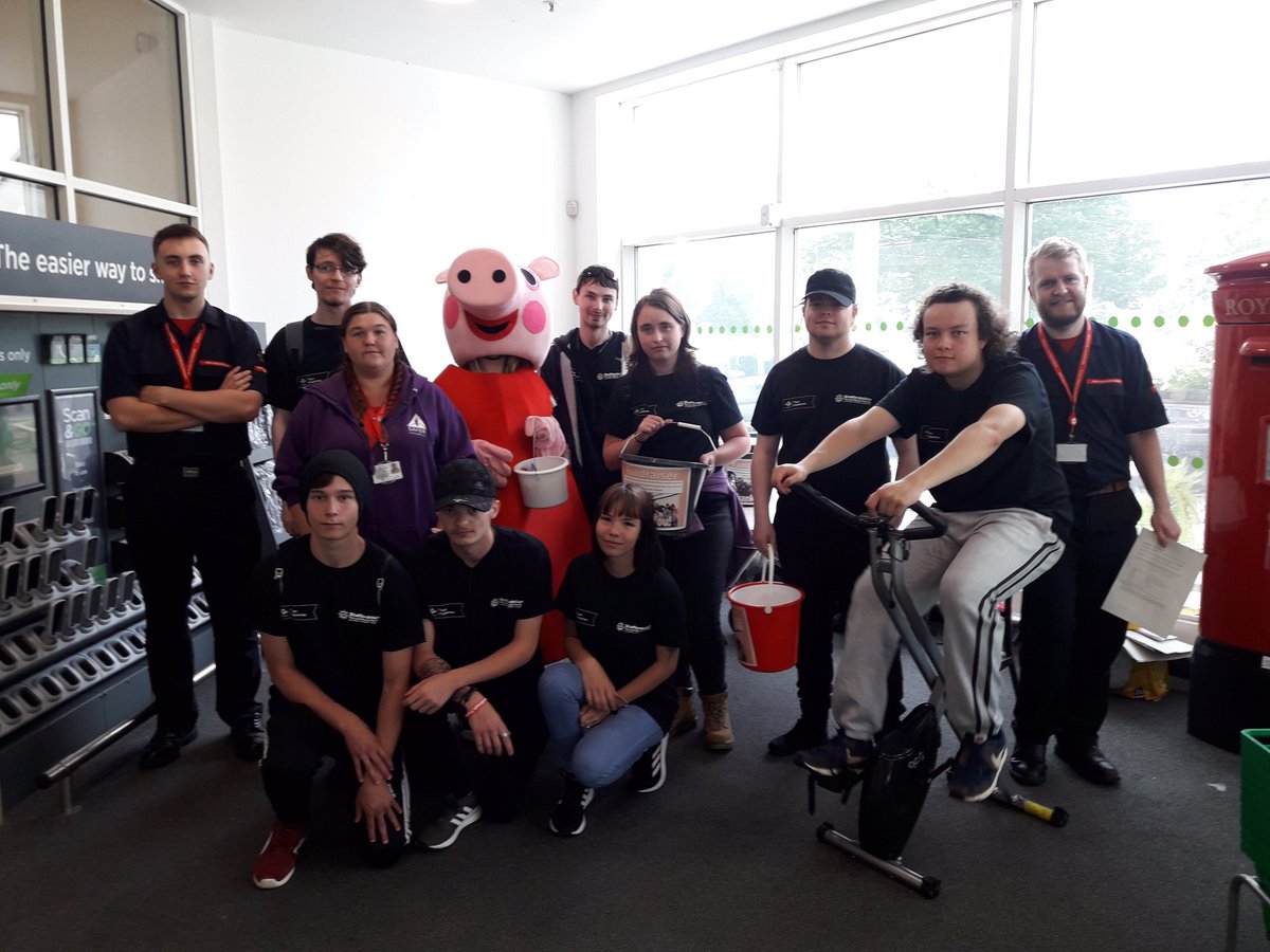 TeamCannock's tweet photo. Really proud of #cannockteam6 today, fundraising in Asda. Bag packing, cycling 100miles on an exercise bike and even wearing a Peppa Pig outfit- All things wayyy out their comfort zone! Thank you to Asda for having us 🙂 https://t.co/LdTx6fneYX