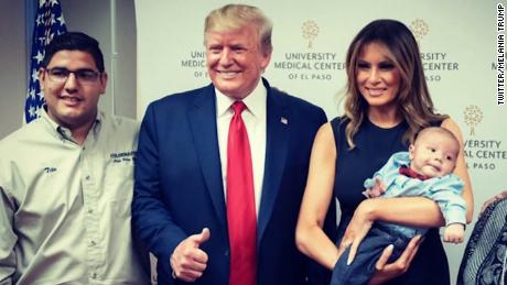 kenrudin's tweet photo. I'm sorry, but seriously. This two-month old baby lost both parents to the murderous terrorist in El Paso. Why in the world is the president smiling? Why for crying out loud is he giving a thumbs up? And why was the baby allowed to be used in a photo op? https://t.co/B3Q9vi8xtL