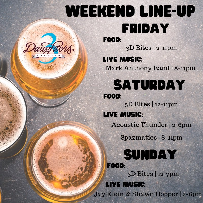 3DBrewing's tweet photo. 3️⃣ full days
4️⃣ live bands
3️⃣6️⃣ beers, ciders and seltzers on tap
Come hang with us at 3 Daughters this weekend. Oh, and new in the warehouse - Spicy Cinnamon Cider, Jackie’s favorite.
#GoBeer #GoWeekends https://t.co/It1tTL9Zrp