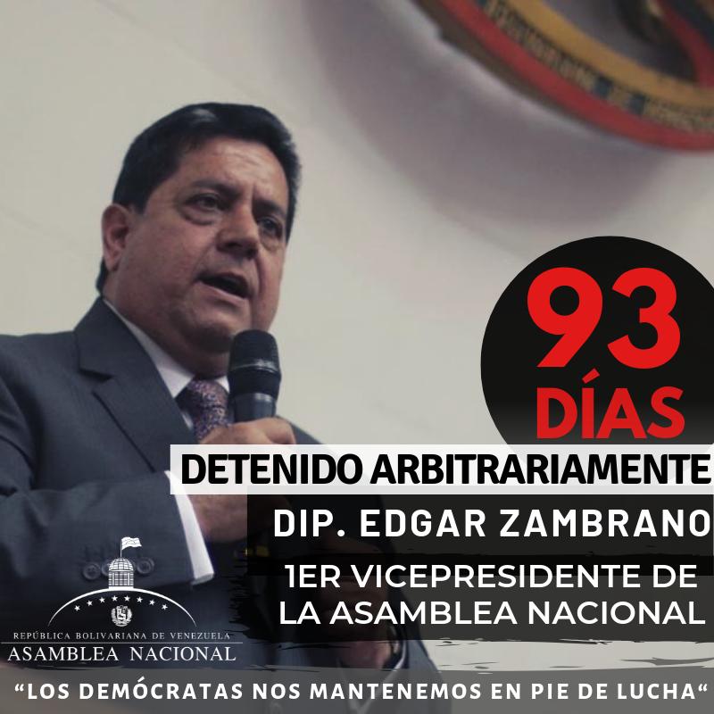 JAD_Charallave's tweet photo. ADemocratica "El Primer Vicepresidente de la AsambleaVE el Dip. edgarzambranoAD hoy cumple 93 días injustamente en las mazmorras del régimen usurpador. Sin respeto por sus DDHH ni garantías por su vida. ¡Exigimos #LibertadParaZambrano! https://t.co/YVGERejNiK"