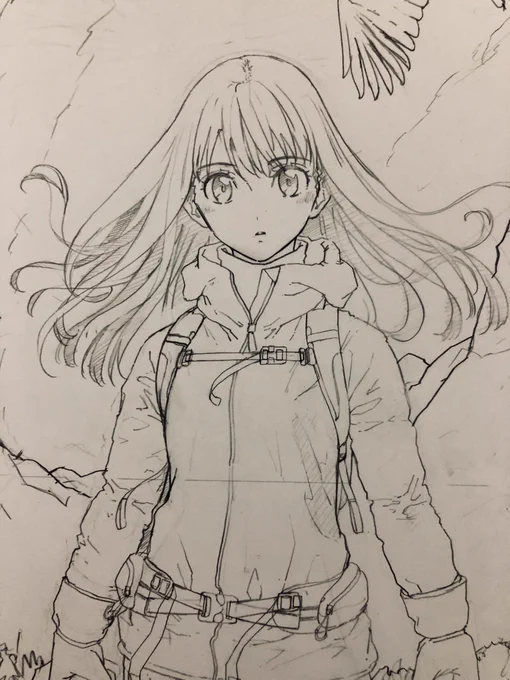 1集の表紙の線画。
ちなみに背景の山に具体的なモデルはないのですが、槍ヶ岳のようなトンガリ山イメージです。 