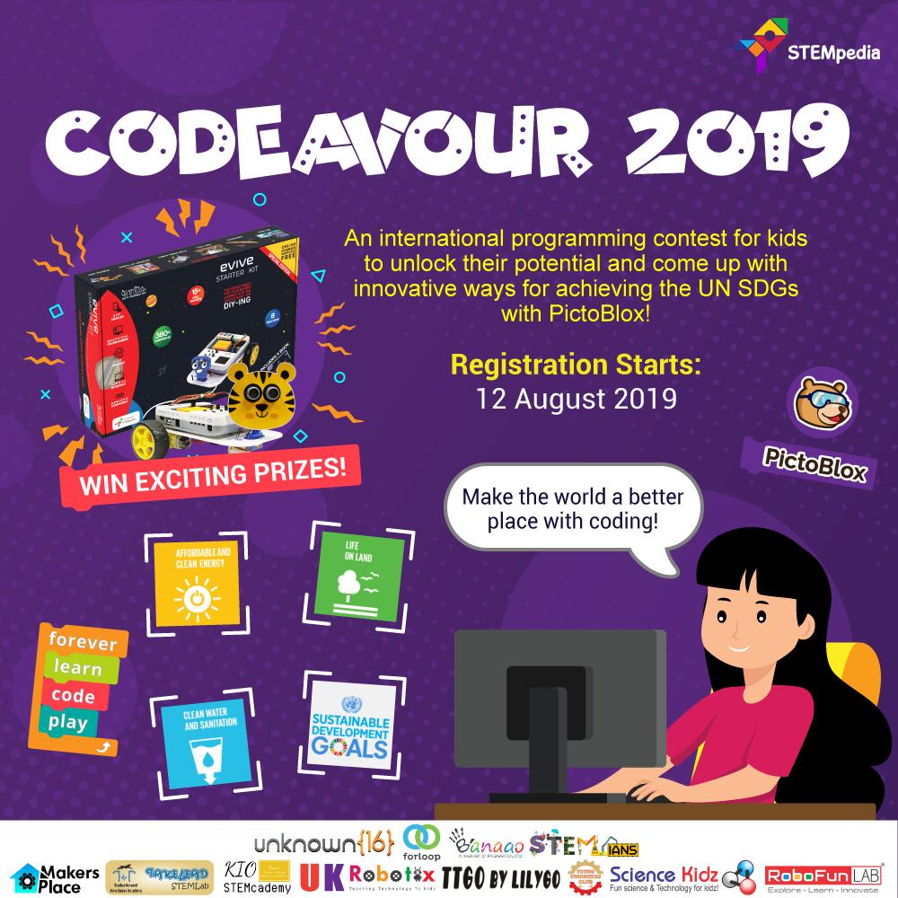 theSTEMpedia's tweet photo. Get ready for a one-of-its-kind coding contest!
Find out more at: https://t.co/xC8rjdRHlU
#codeavour #codeavour2019 #coding #codingforkids #programmingforkids #stem #pictoblox #theSTEMpedia https://t.co/18oG8yN6aY