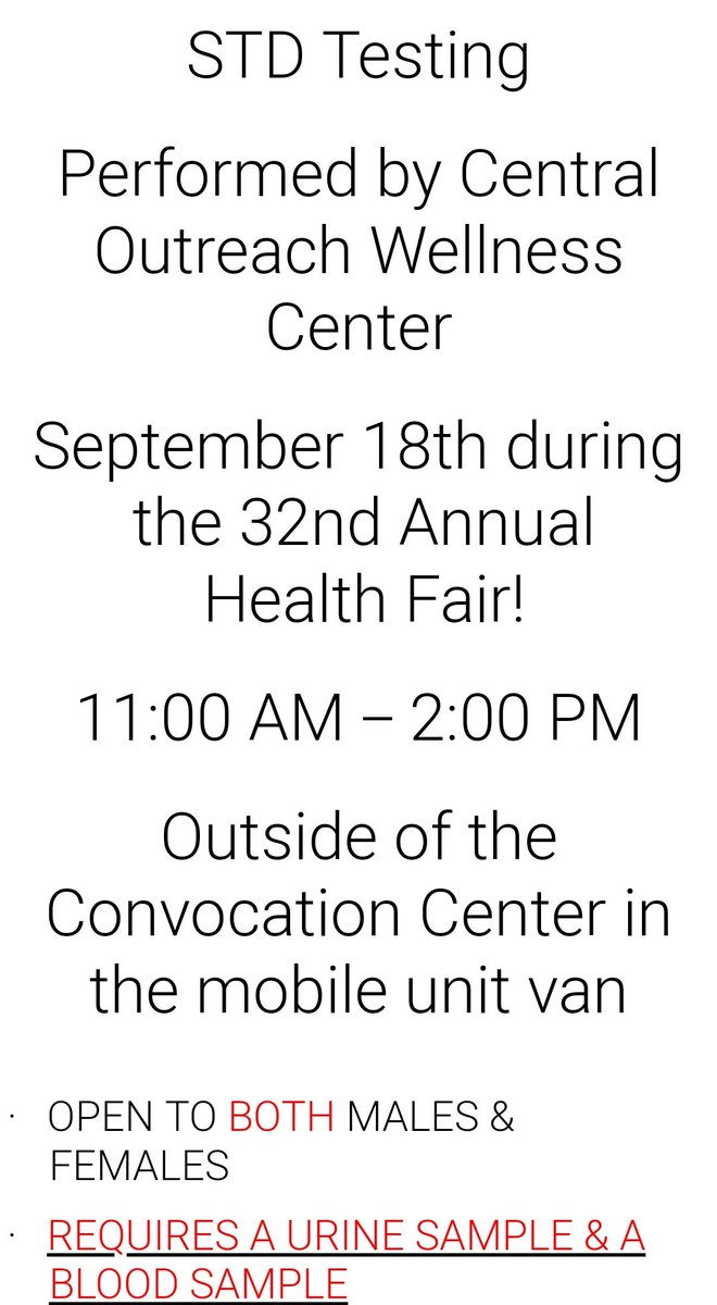 OptionsatCalUPA's tweet photo. Our first STD testing will be held during the Health Fair on September 18th from 11:00 - 2:00. These tests will be checking for gonorrhea, chlamydia, HIV, and syphilis. These tests are free so stop by if you have the chance! https://t.co/b20qGpvwI0