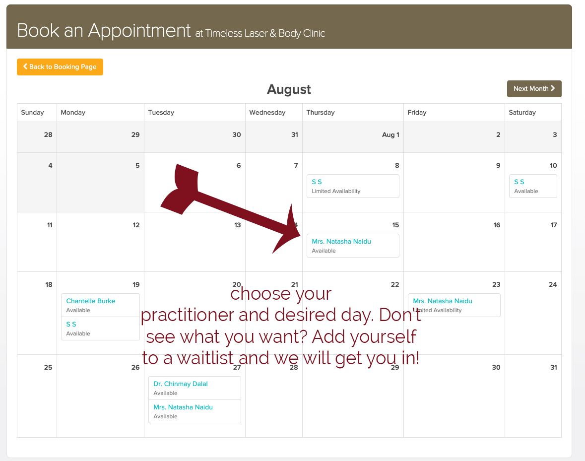 TimelessLaser2's tweet photo. Choose the "View Availability by Month" option in our online booking to see all the available appointment times.  Don't see what you want? Add yourself to the waitlist and we will fit you in! Call, email, or book online... it's easy! 778-657-6900 info@timelesslaserclinic.ca https://t.co/sldmp7llF4