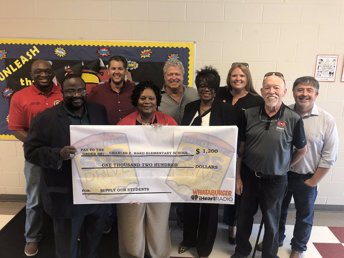 1025thebull's tweet photo. We had the pleasure of presenting The Charles F Hard Elementary School @bessemer_al @BCSTigers  $1200 to purchase Back to School Supplies #SOSDrive powered by @Whataburger @iHeartCountry https://t.co/nyg9jbuPjg