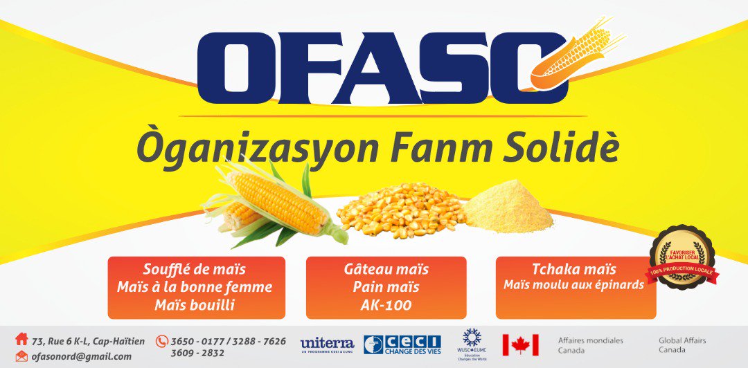 CeciHaiti's tweet photo. Òganizasyon #Fanm Solidè #OFASO ap prezante anpil #manje kreyòl ki fèt ak #mayi.
Pase vin #goute, vin #dekouvri bonjan manje #lakay nan #Foire de l'#entrepreneuriat au féminin sou plas ri 18 #Okap 12, 13 ak 14 dawou
#FEF2019 @UniterraH @WorldUniService @CeciHaiti @AMC_corporatif https://t.co/tnNJwaRCCi